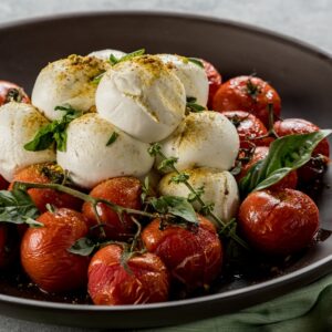 Tomate com mozzarella Búfalo Dourado e farofa de pistache