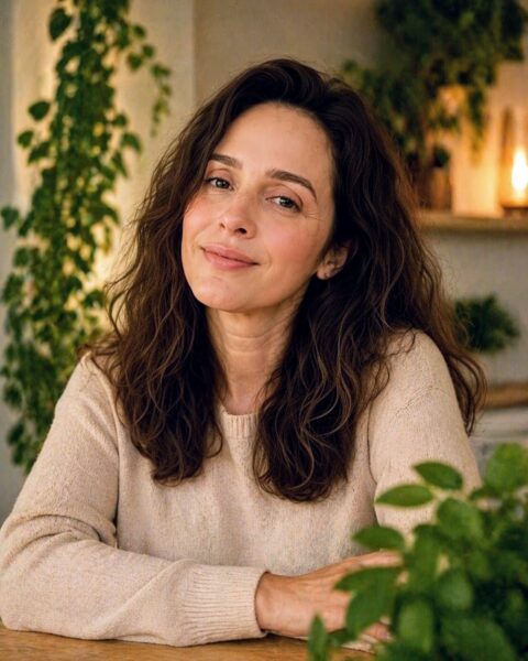 Carol Sisson sorrindo, com cabelos castanhos ondulados e blusa bege, em um ambiente com plantas ao fundo